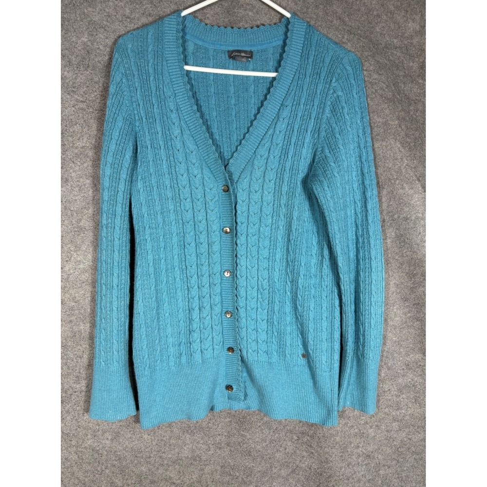 Eddie Bauer Womens Teal Blue Cable Knit Button Front Cardigan‎ Sweater Large L